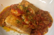 Pan roasted amberjack with local shrimp and speckled butterbean ragu